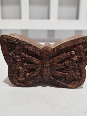 Vintage Wood Carved Butterfly Trinket Box